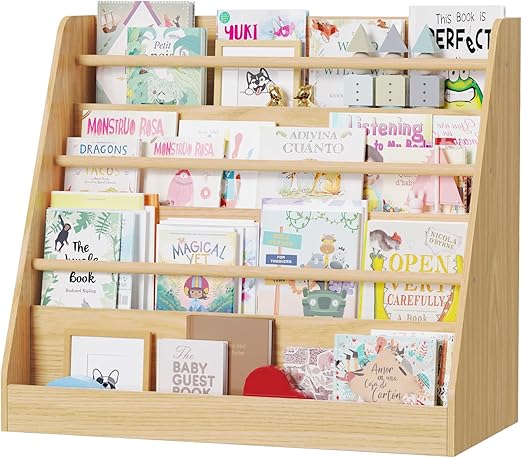 Kids Bookshelf,Kids Wooden 4 Tier Book Display Shelf,Montessori Bookcase Kid Room