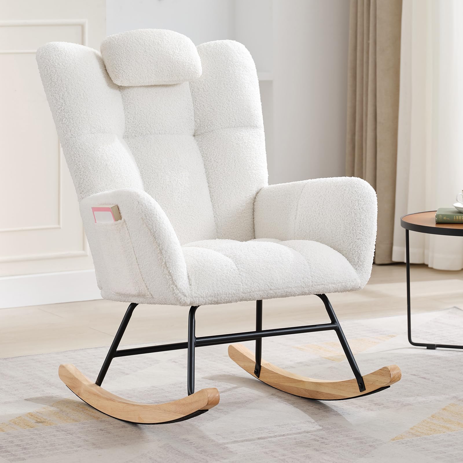 Upholstered Nursery Rocking Chair with High Back and Side Pocket