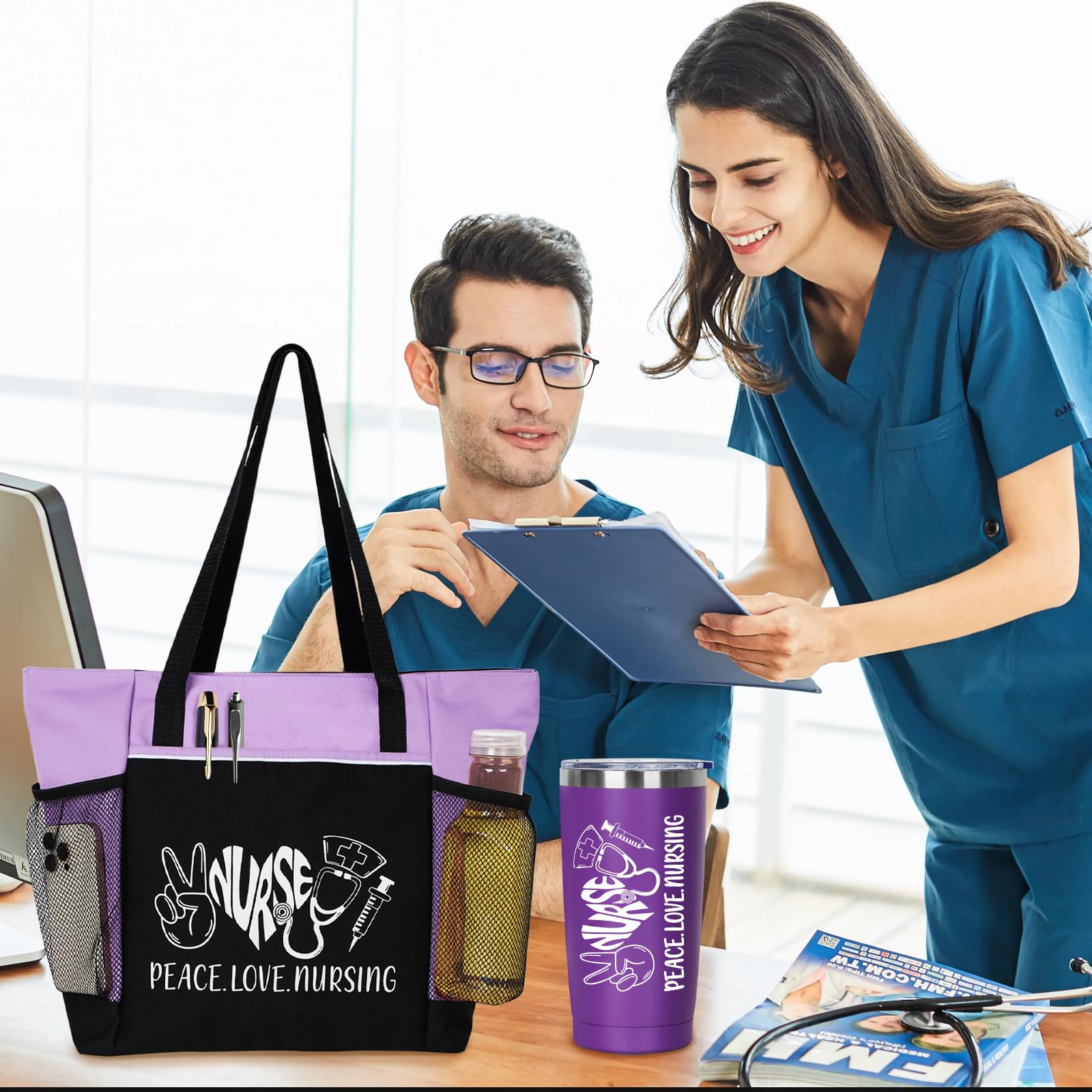 Peace, Love Nursing - 2 Piece Set: Zippered Tote Bag & Insulated Tumbler
