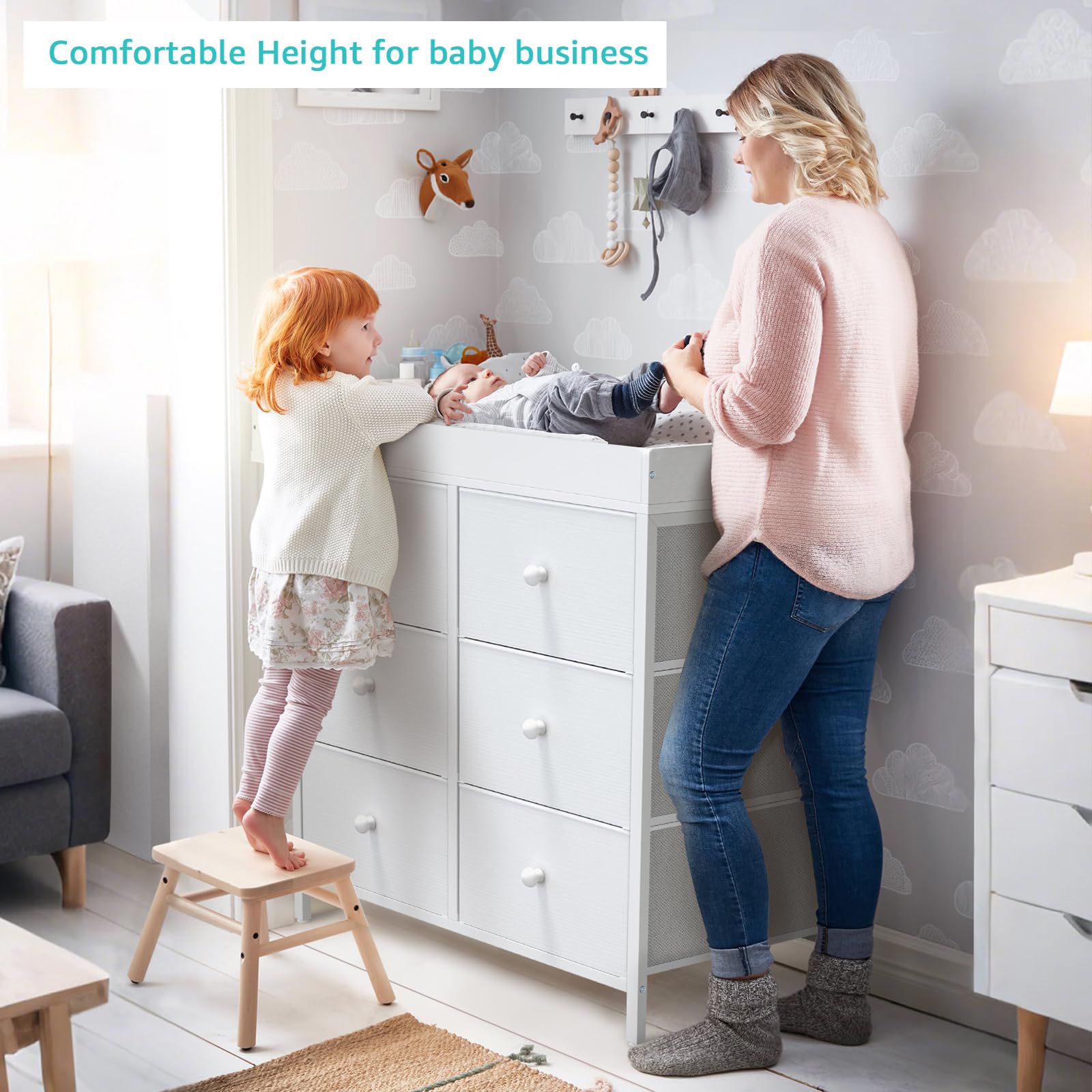 Changing Table Dresser with 6 Fabric Drawers