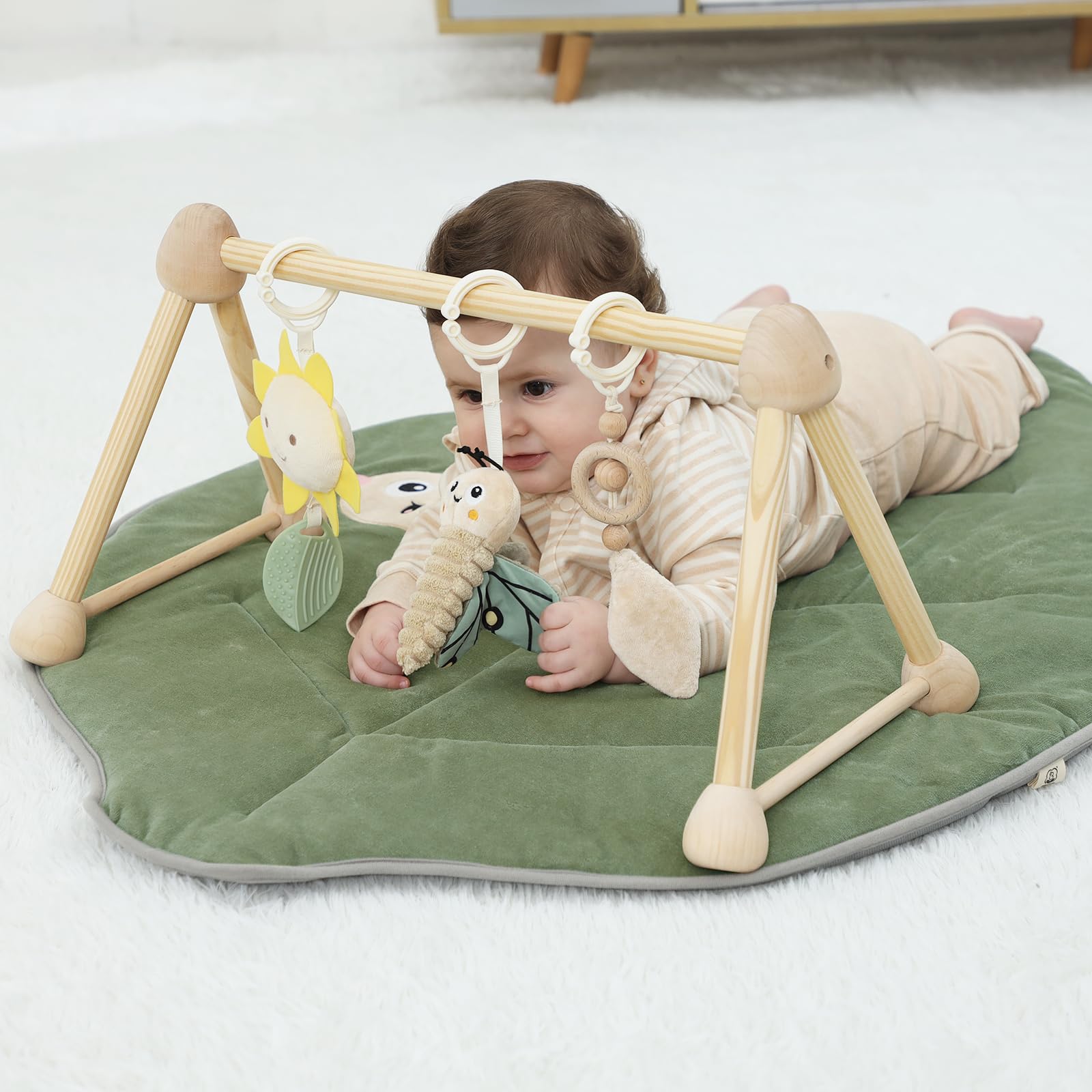 4-in-1 Wooden Baby Play Gym & Activity Mat, Soft Cotton Tummy Time Mat