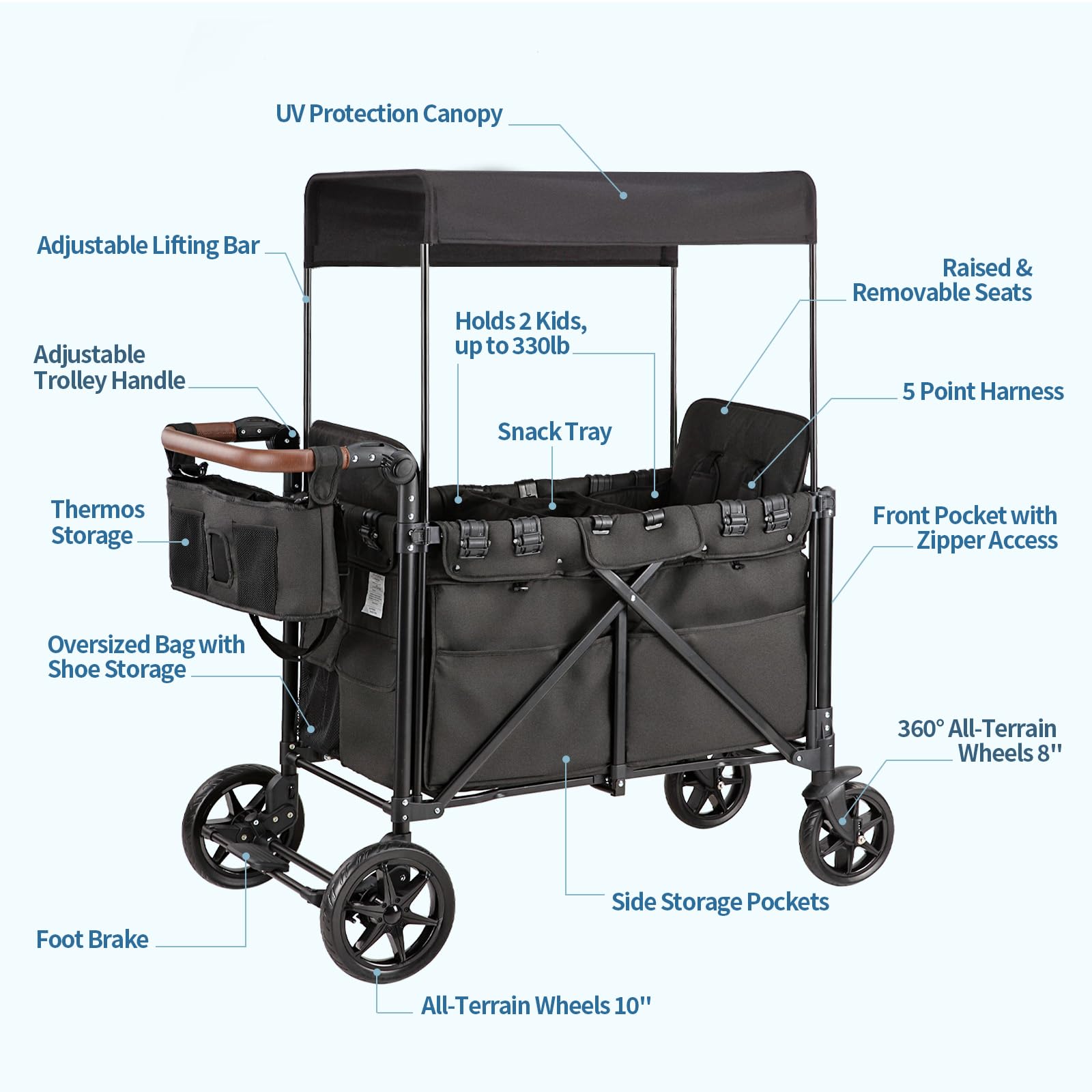 Double Wagon Stroller with Rain Cover and Safety Harness