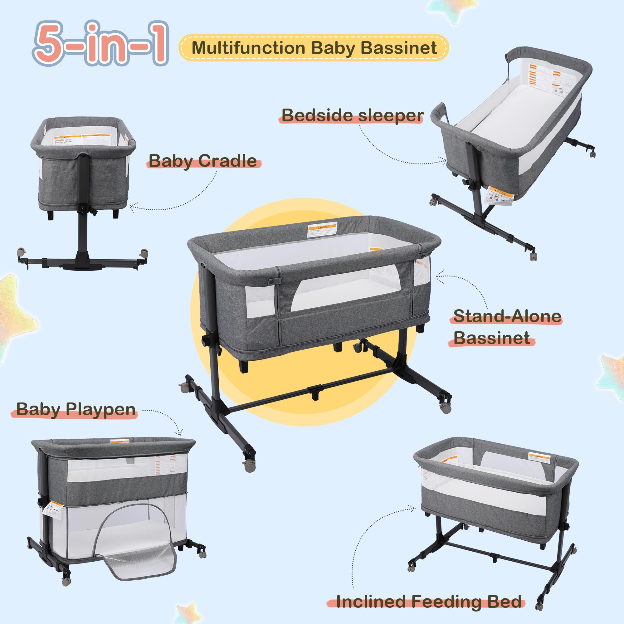 5-in-1 Baby Bassinet Bedside Sleeper with Diaper Changing Station