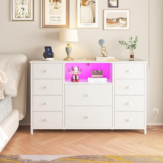 Dresser with Charging Station and LED Lights, Pink Dressers