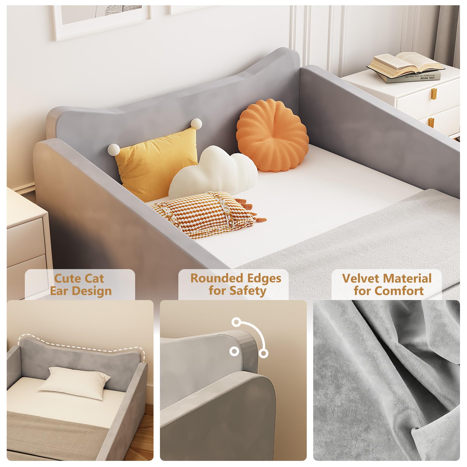 Toddler Floor Bed with Safety Guardrails and Animal Ear Design