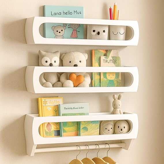 Nursery Floating Shelves for Wall Set of 3 – Premium Solid Bamboo