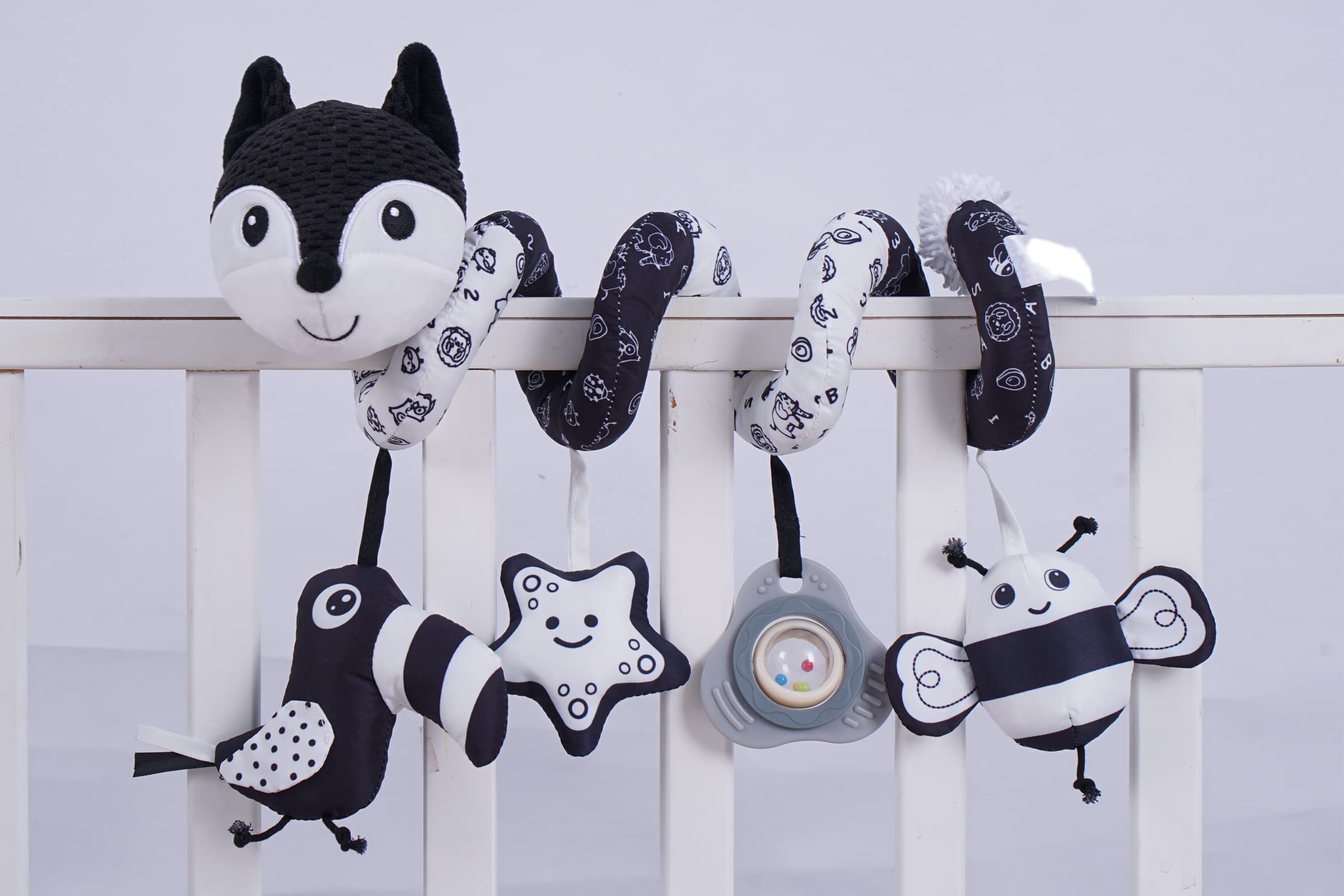 Car Seat Toys, Infant Baby Black Fox Spiral Plush Activity Hanging Toys