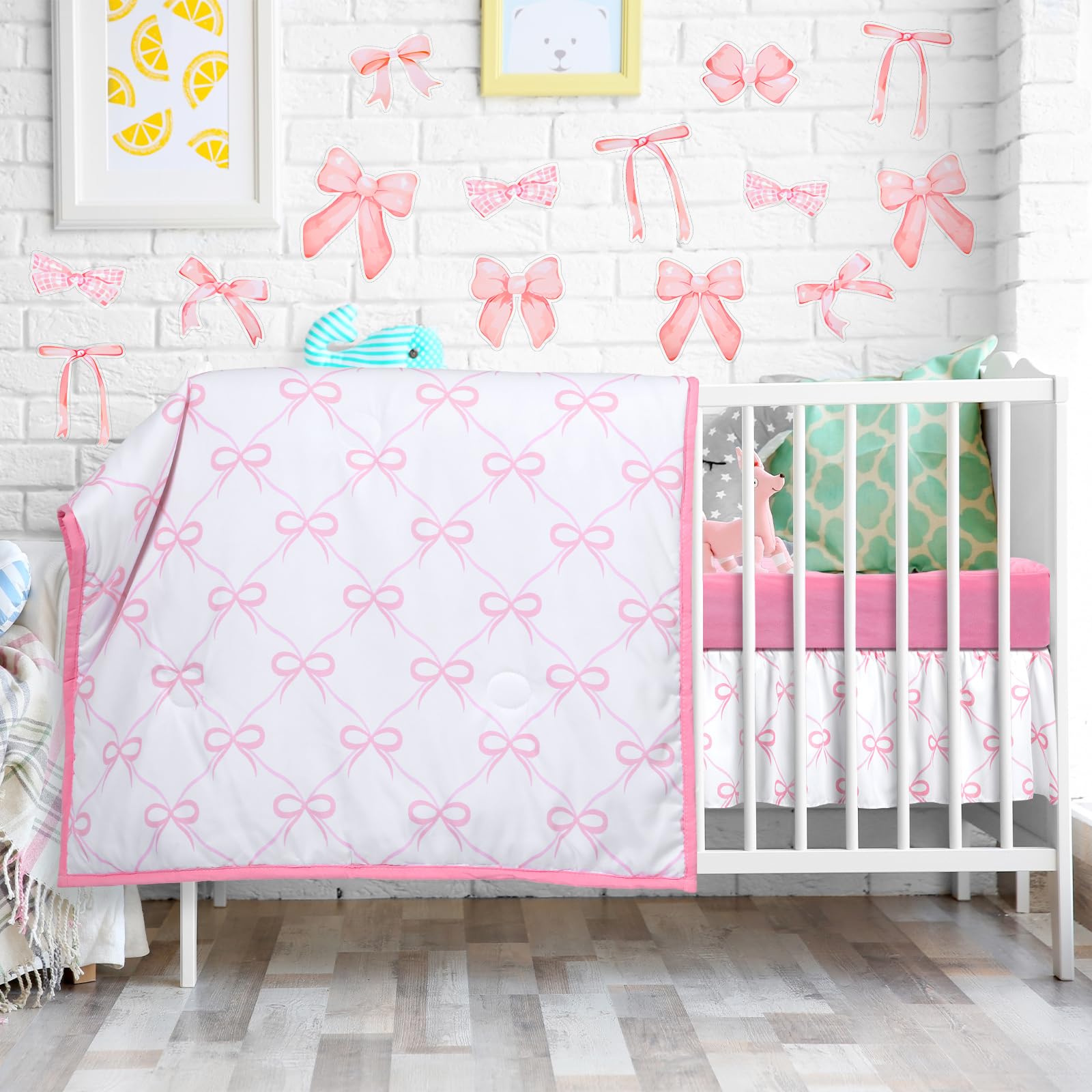 SmoothNovelty 5 Pcs Pink Bow Theme Crib Bedding Set Include Bow Knot Print Crib Sheets Bed Skirt Comforter Pad Cover Wall Stickers for Girls Princess Nursery Room Decoration