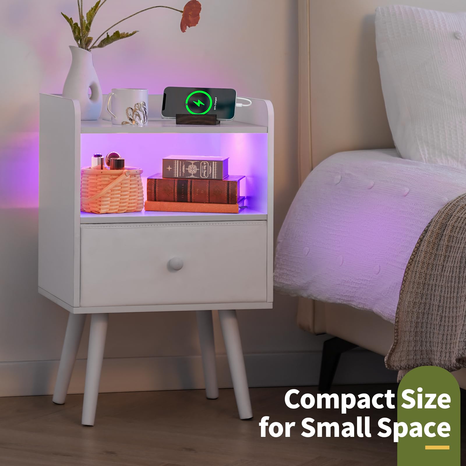 Nightstand with Charging Station and LED Lights