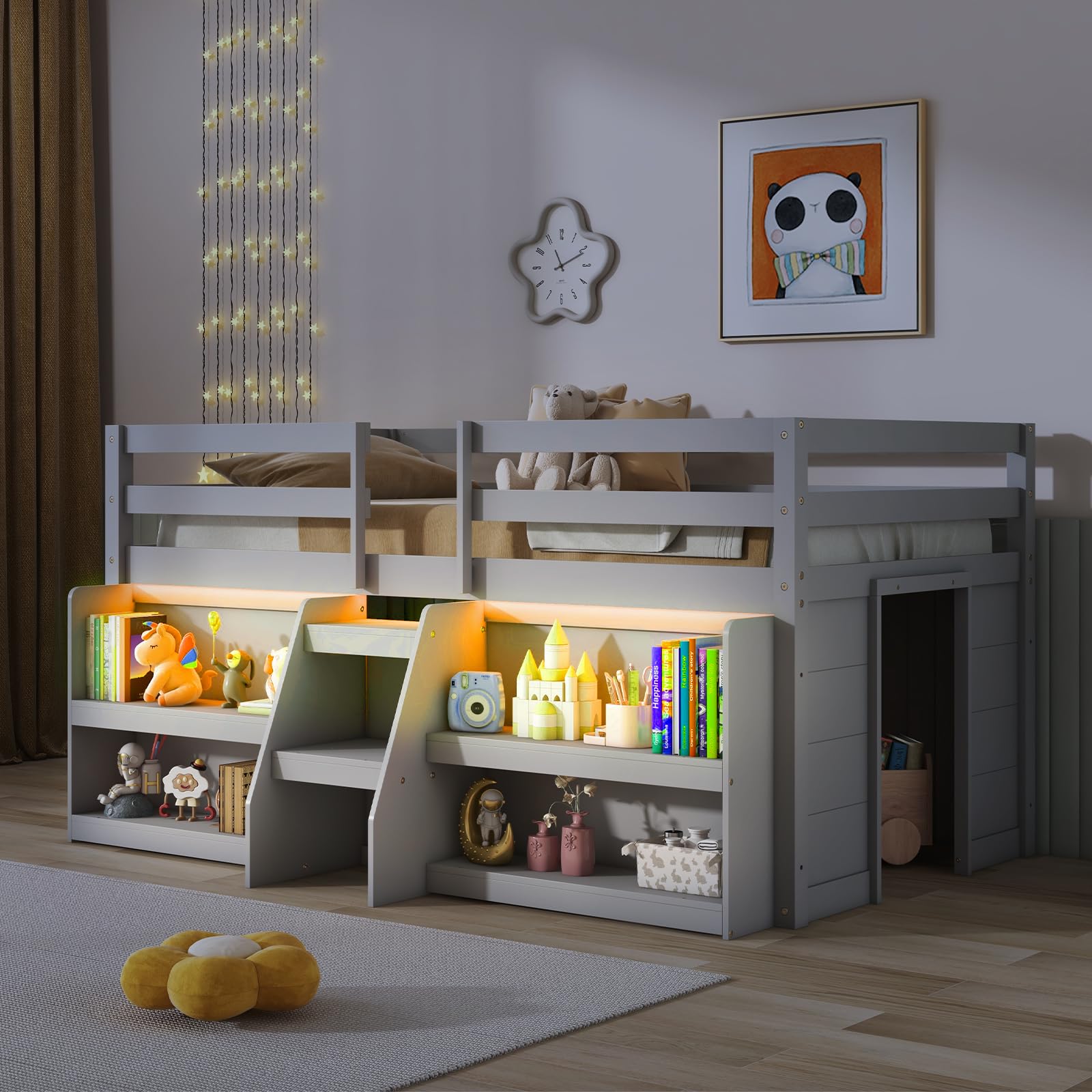 Low Loft Bed with LED Lights, Wooden Loft Bed Twin Size with Stairs & Safety Guardrail