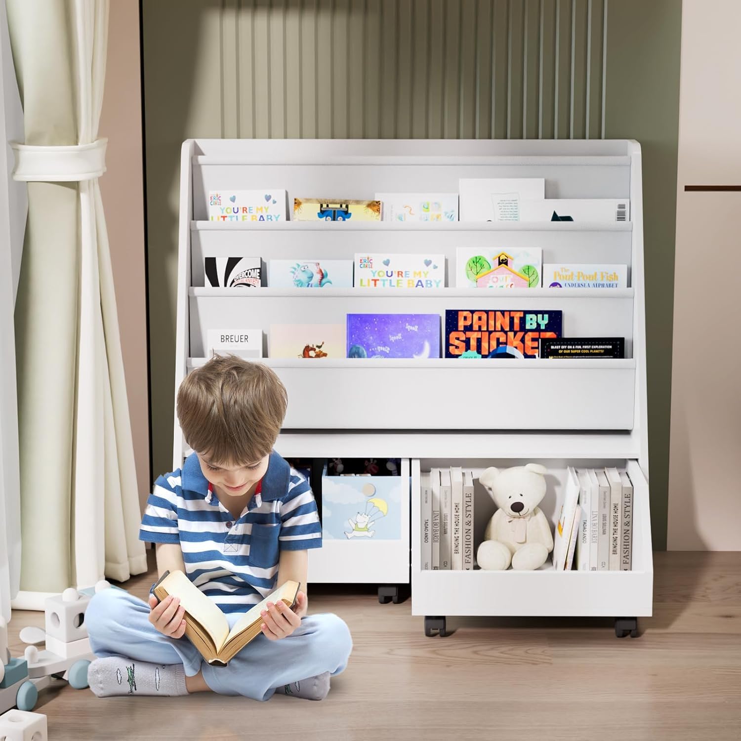 Kids Bookshelf,Toddler Bookcase Toy Bin with 2 Drawers 3 Sling Pockets