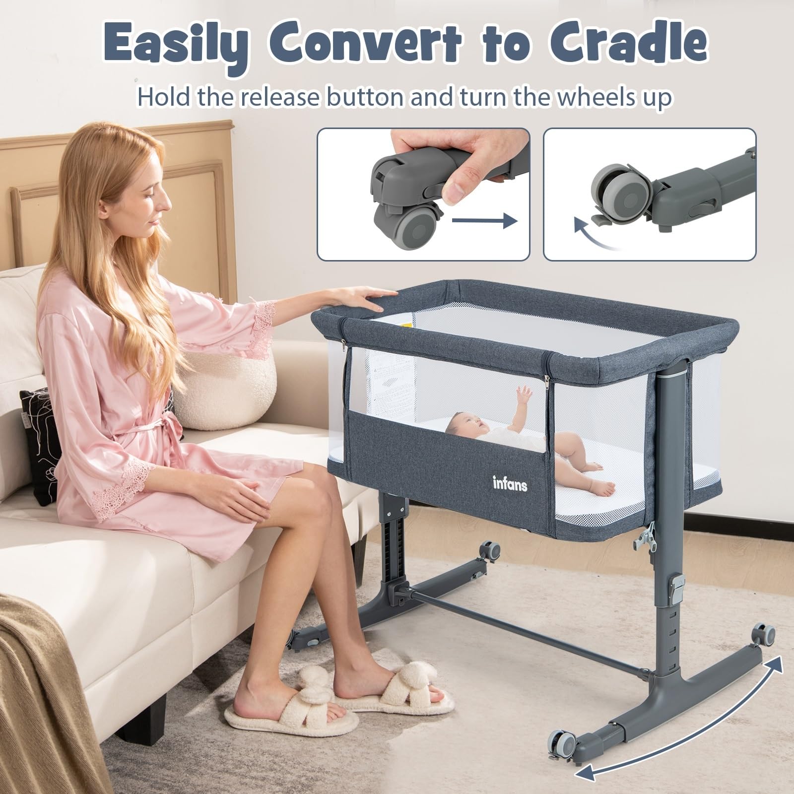 3-in-1 Baby Bassinet Bedside Sleeper with Wheels