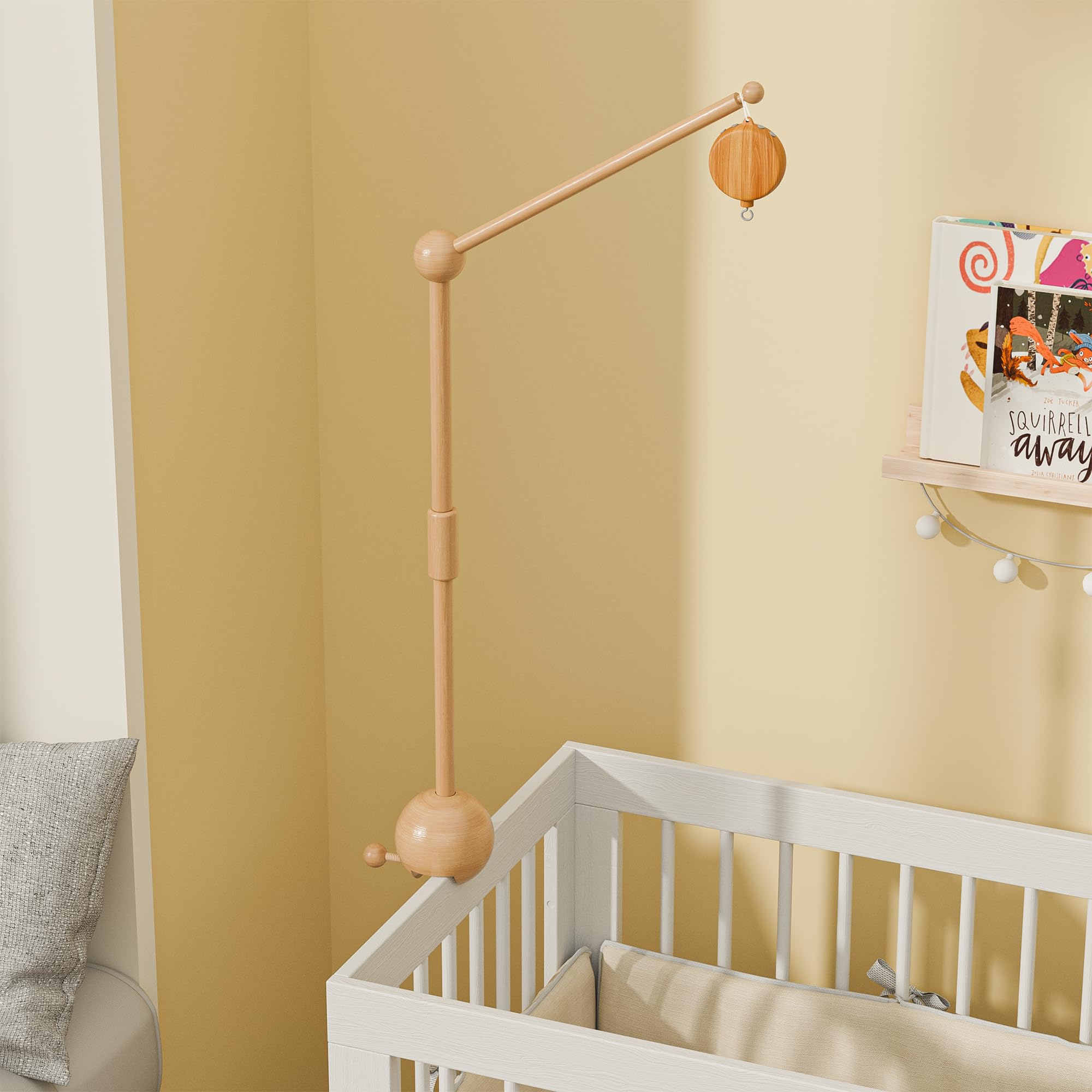 Crib Mobile Arm with Music Box,32.5 Inch Crib Mobile Stand,Wooden Mobile Arm for Crib (2 Modes,360°Adjustable,100% Beech Wood) Baby Crib Mobile for Boy and Girl