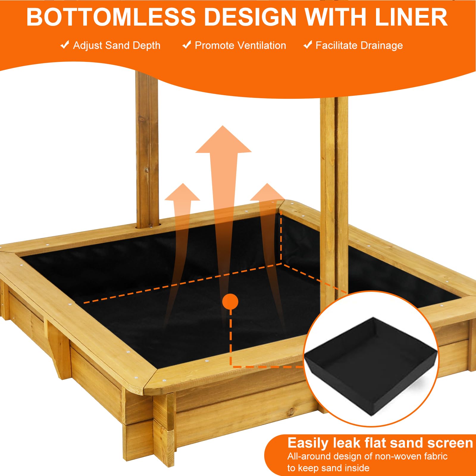 Wooden Sandbox with Adjustable Canopy Cover and Benches
