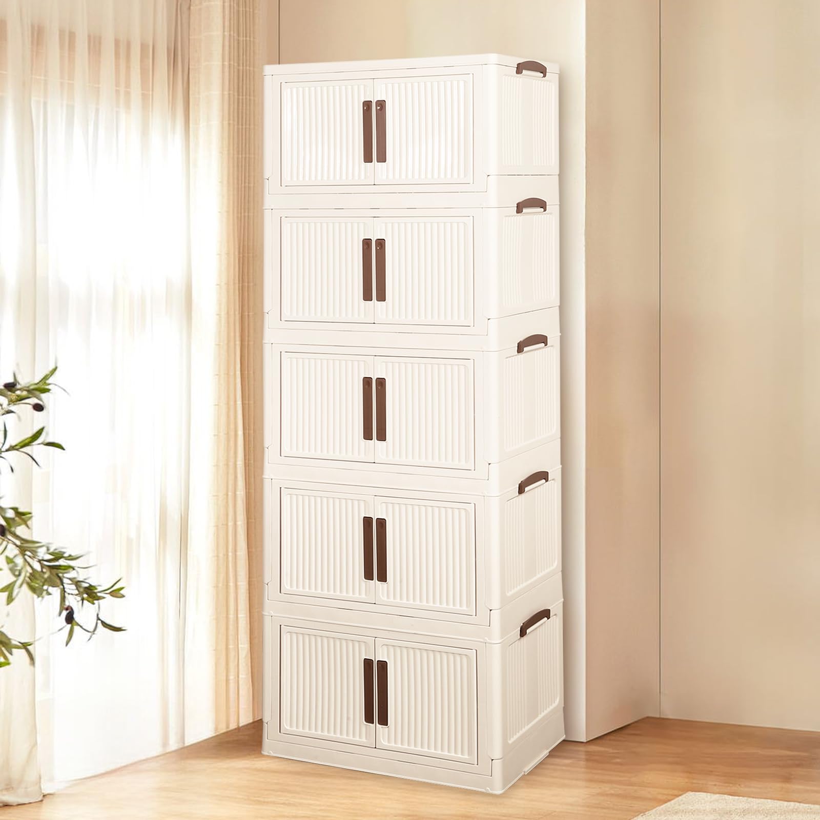 55 Gallon Stackable Storage Cabinet with Wheels - 5 Tier Collapsible Plastic Organizer Bins