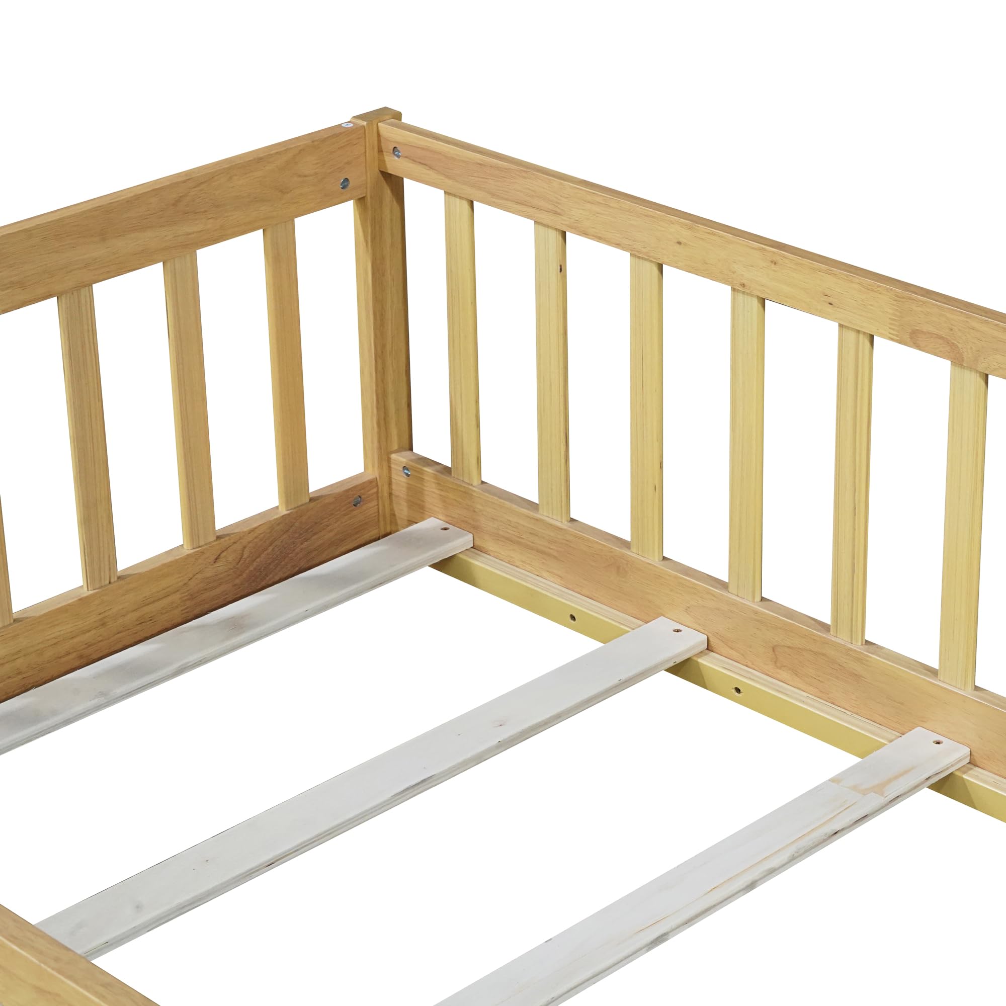 Twin Floor Bed with Slats Door and Safety Fence