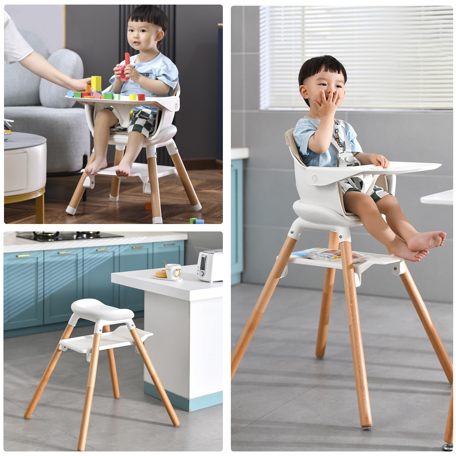 Baby High Chair, 6 in 1 Wooden Convertible High Chairs for Babies and Toddlers