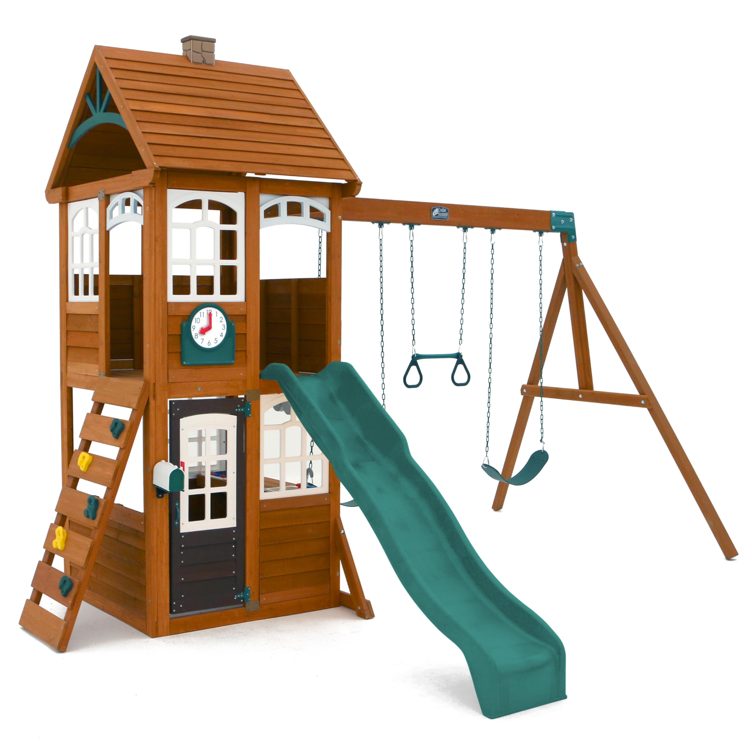Wooden Outdoor Swing Set with Slide Rock Wall Clubhouse