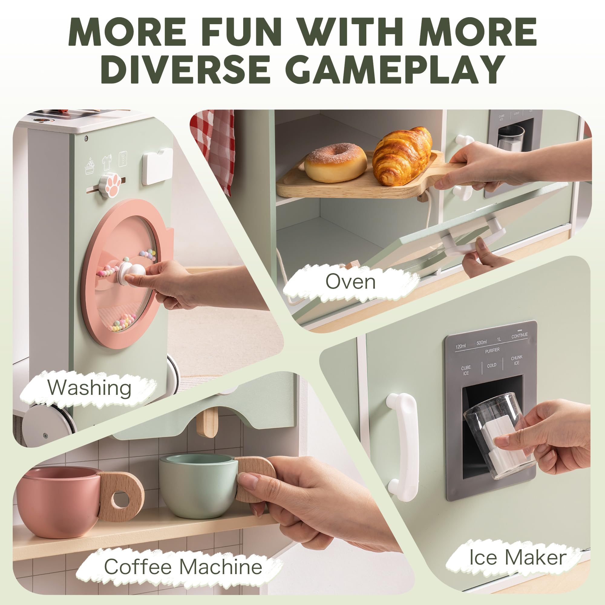 ROBUD Wooden Play Kitchen Set for Kids Toddlers, Pretend Kitchen Playset with BBQ Grill, Ice Maker, Coffee Machine, and Accessories, Toy Kitchen Gift with Lights & Sounds for Girls & Boys, Age 3+