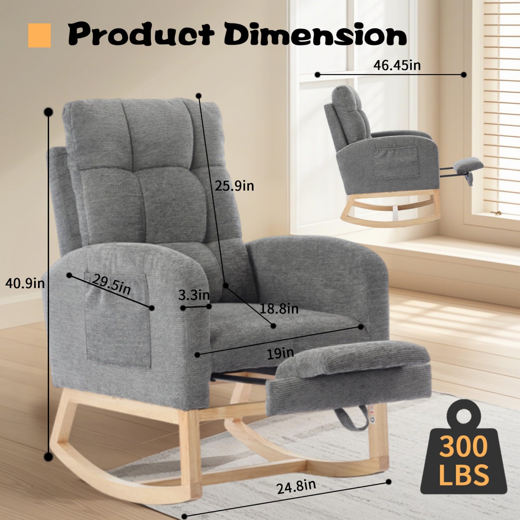 Nursery Rocking Chair with Adjustable Footrest and Side Pockets