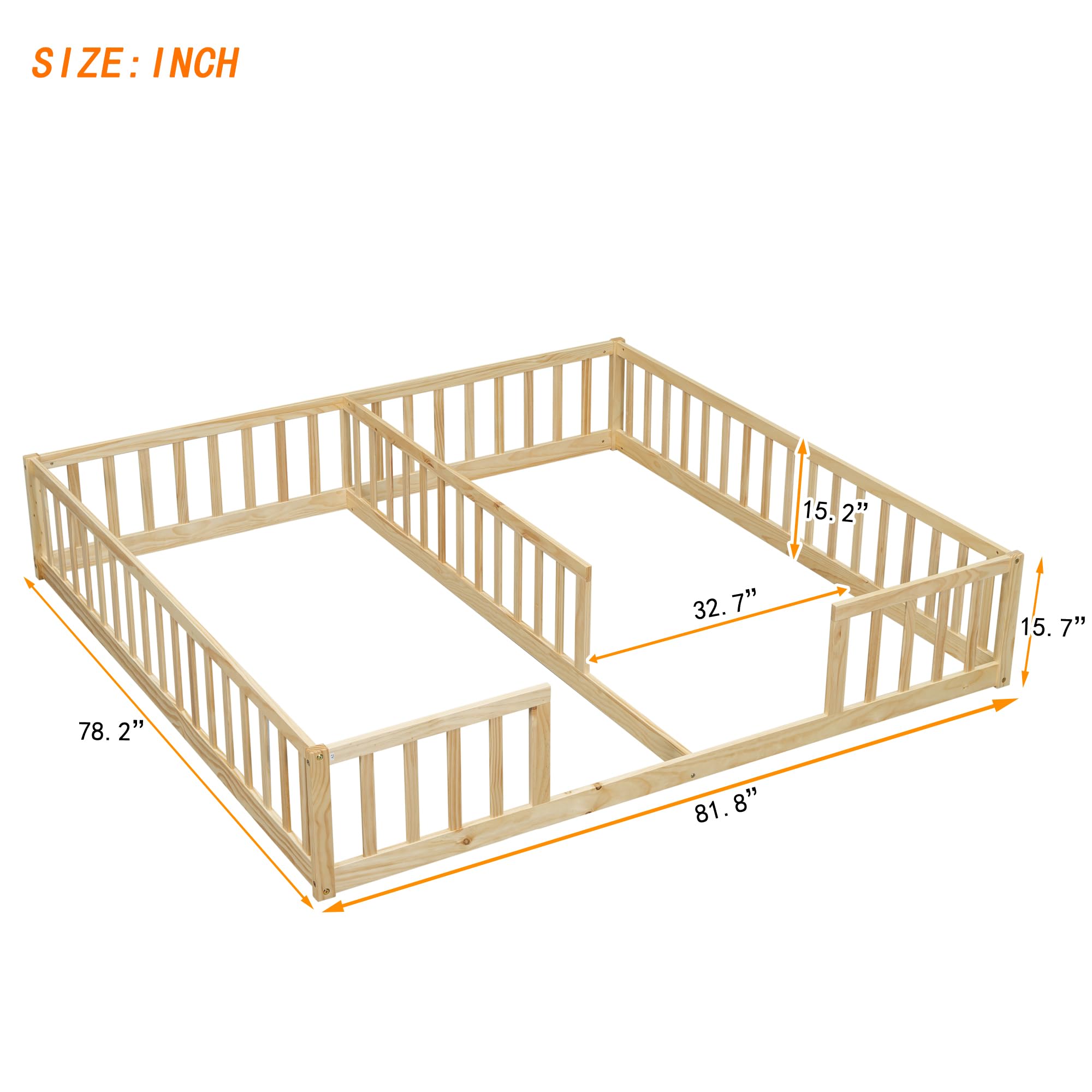 Floor Bed for 2 Kids, Montessori Bed Frame with Fence Railings