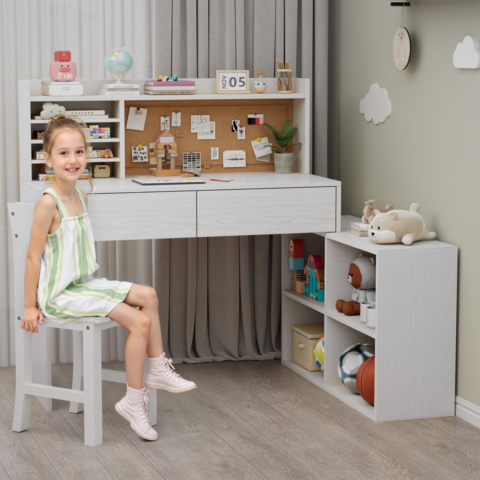 White Wooden Kids Desk and Chair Set with Storage Cabinet