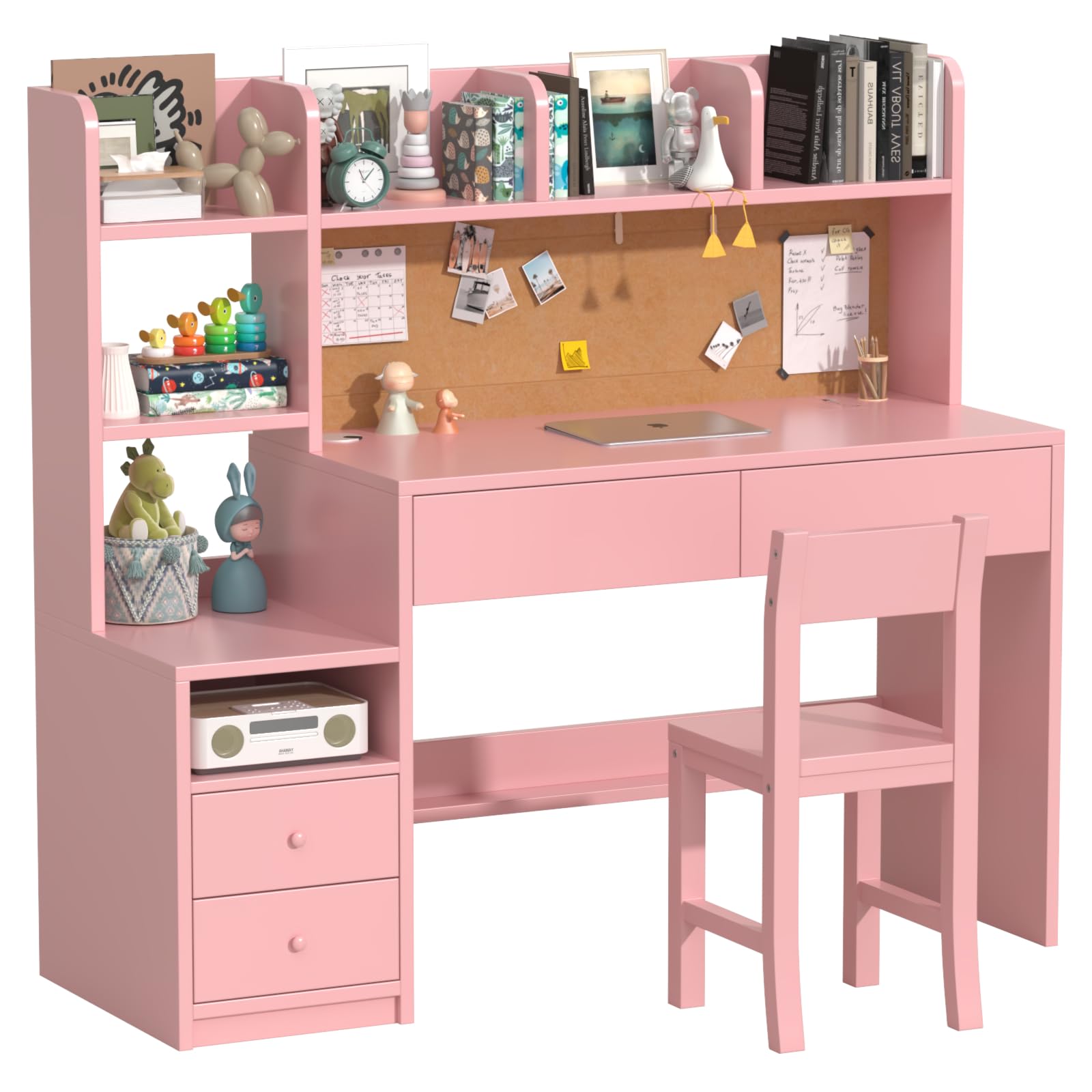 Pink Kids Desk and Chair Set, Kids Study Desk with 4 Drawers & 4 Open Shelves