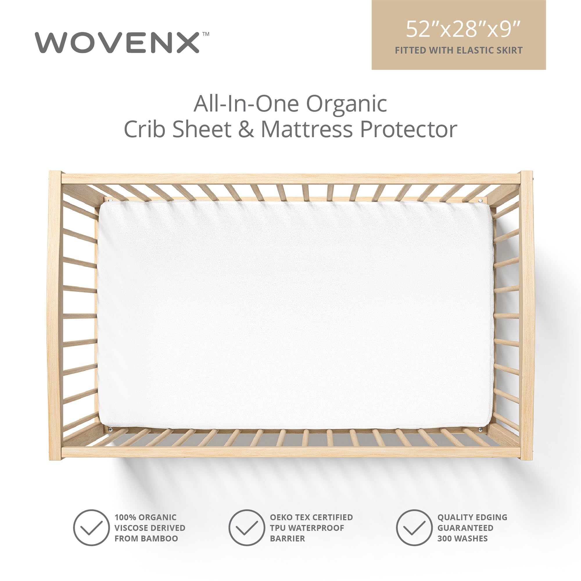 Wovenx Organic All in One Crib Sheet and Mattress Protector - Waterproof Protectors - Reusable Washable – Fits Cribs – 52”x28”- with 9” Skirt White
