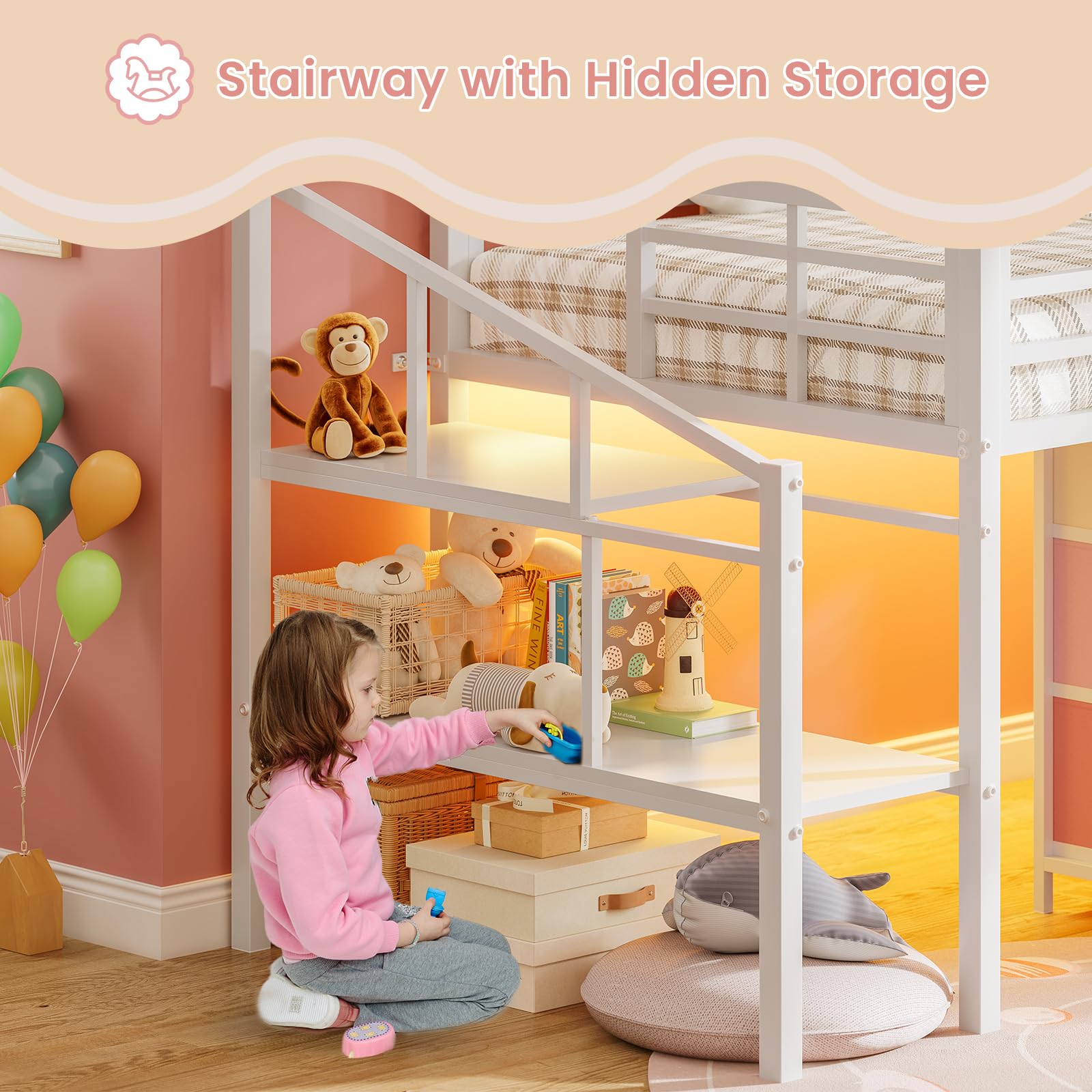 Low Loft Bed Twin with Storage Drawers and LED Lights