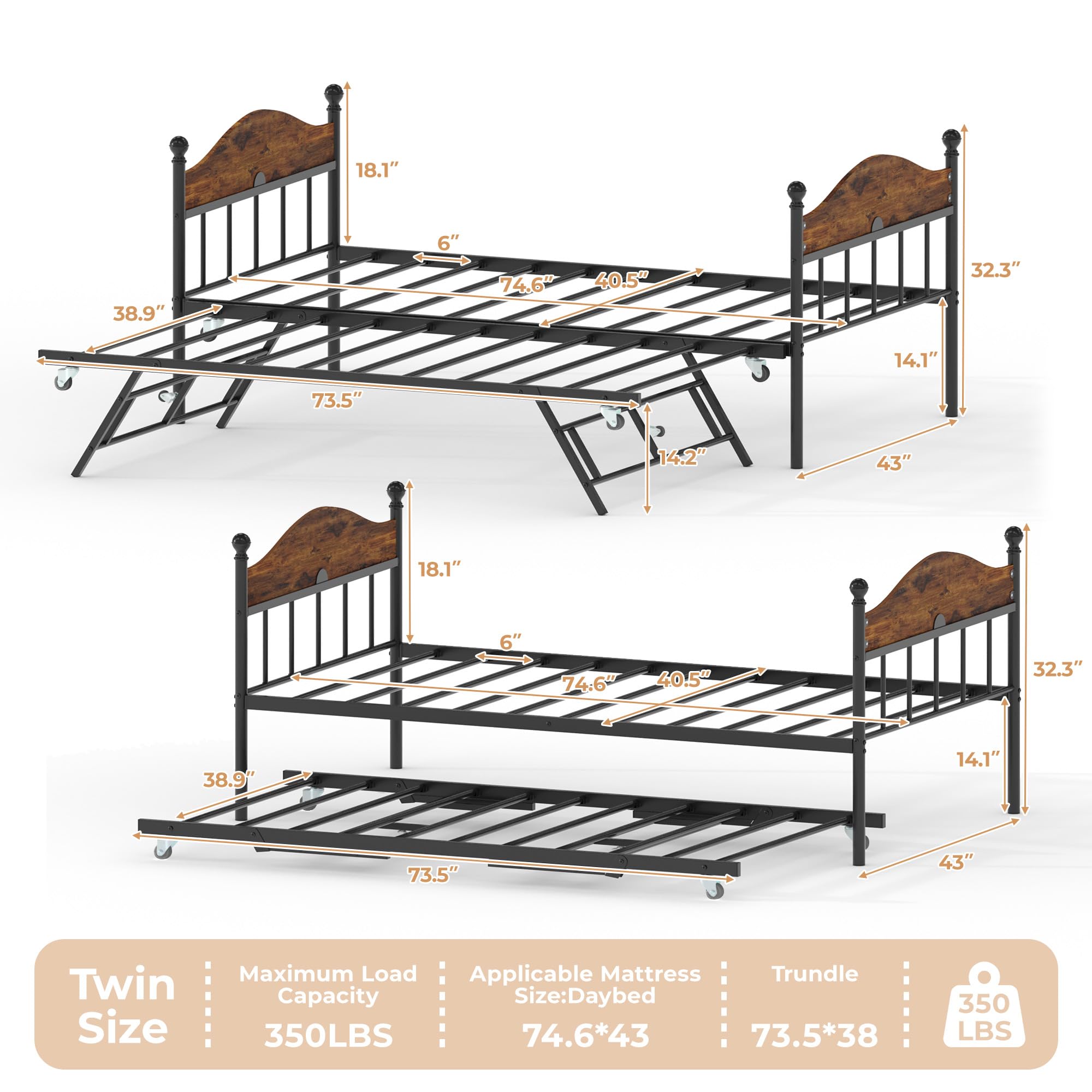 Metal Twin Daybed with Pop-Up Trundle