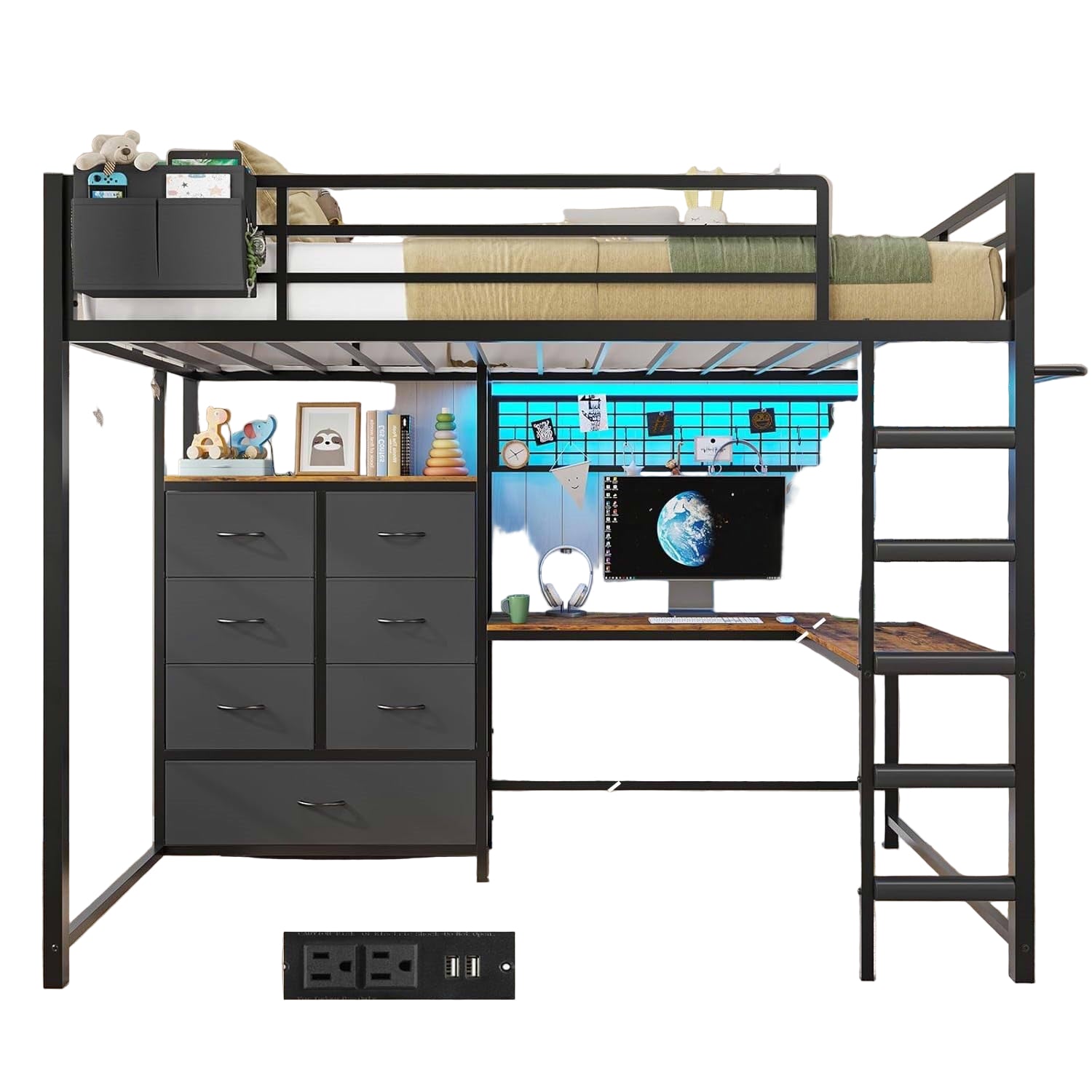 Twin Loft Bed with L-Shaped Desk and 7 Storage Drawers