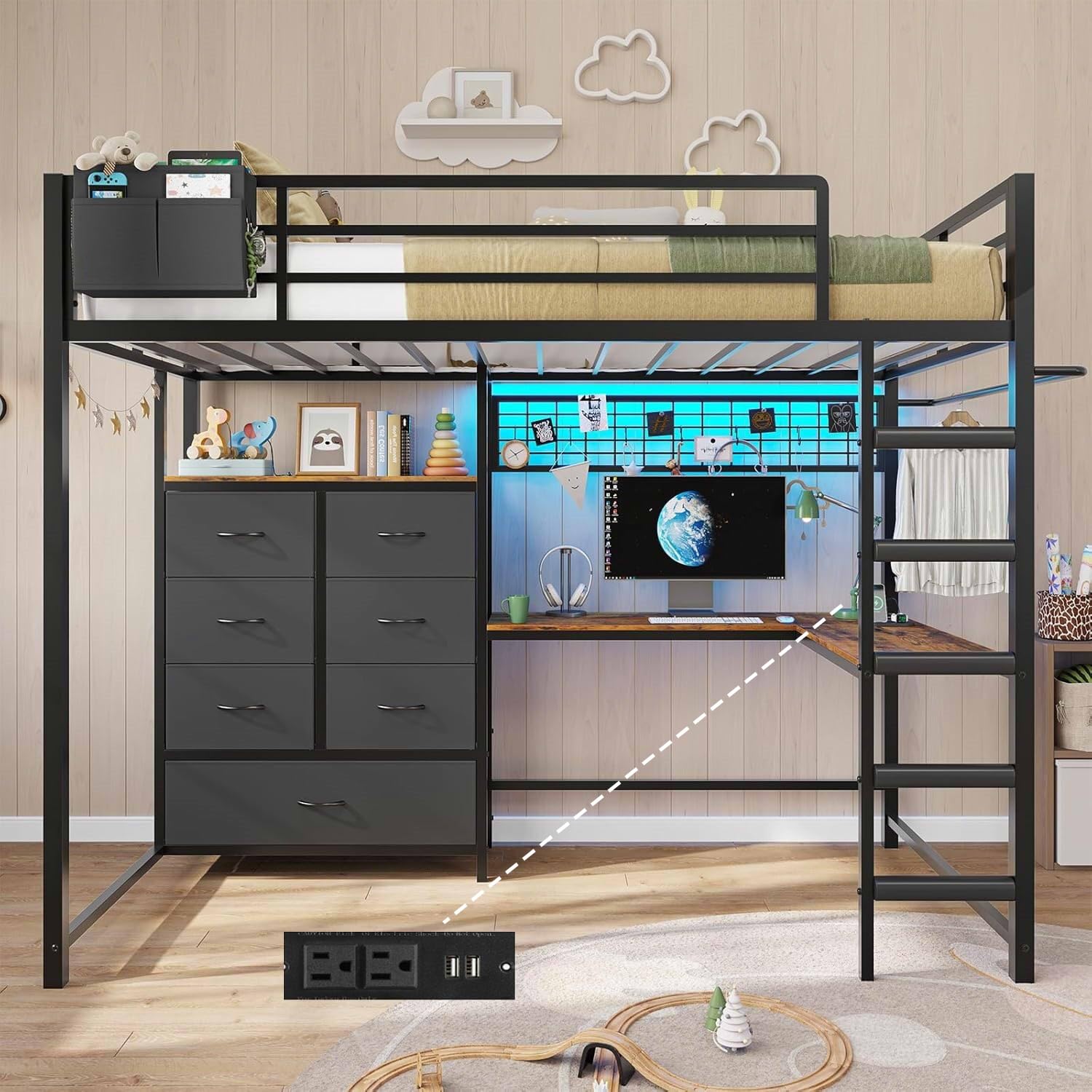 Twin Loft Bed with L-Shaped Desk and Storage Drawers