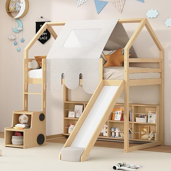 Twin Size Loft Bed with Slide, Wooden Twin House-Shaped Frame with Ladder