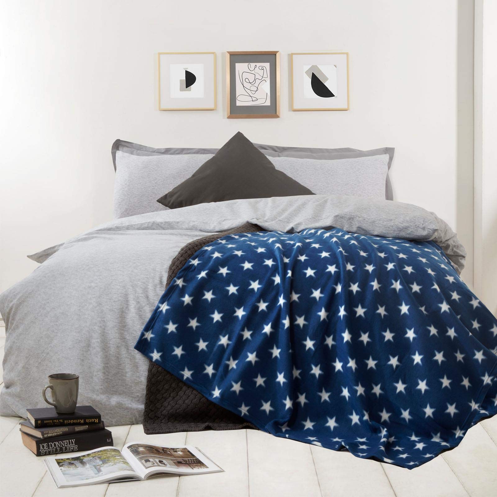 Flannel Fleece Stars Throw Blanket Navy Blue White 50x60