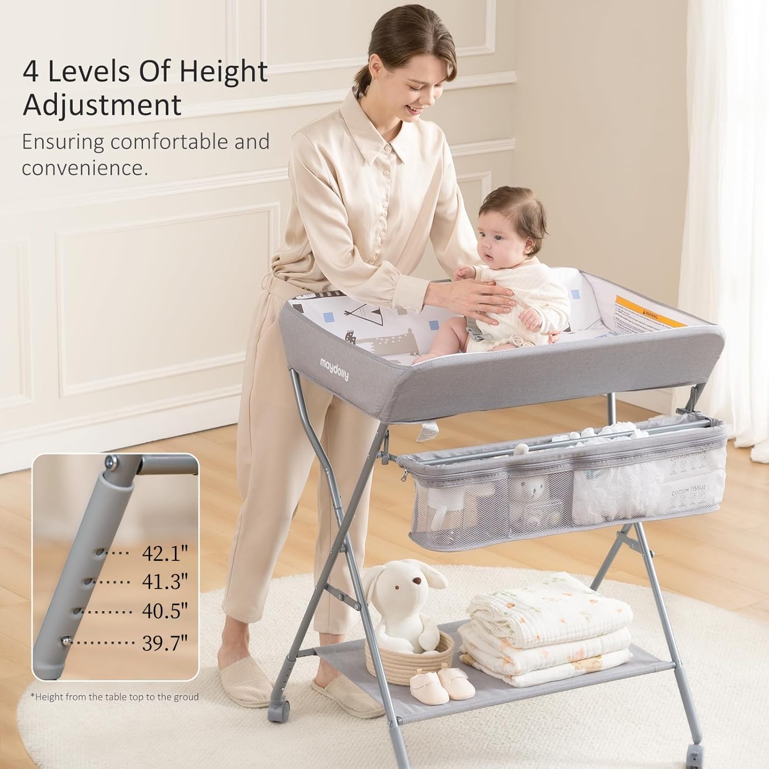 Adjustable Height Baby Changing Table with Wheels