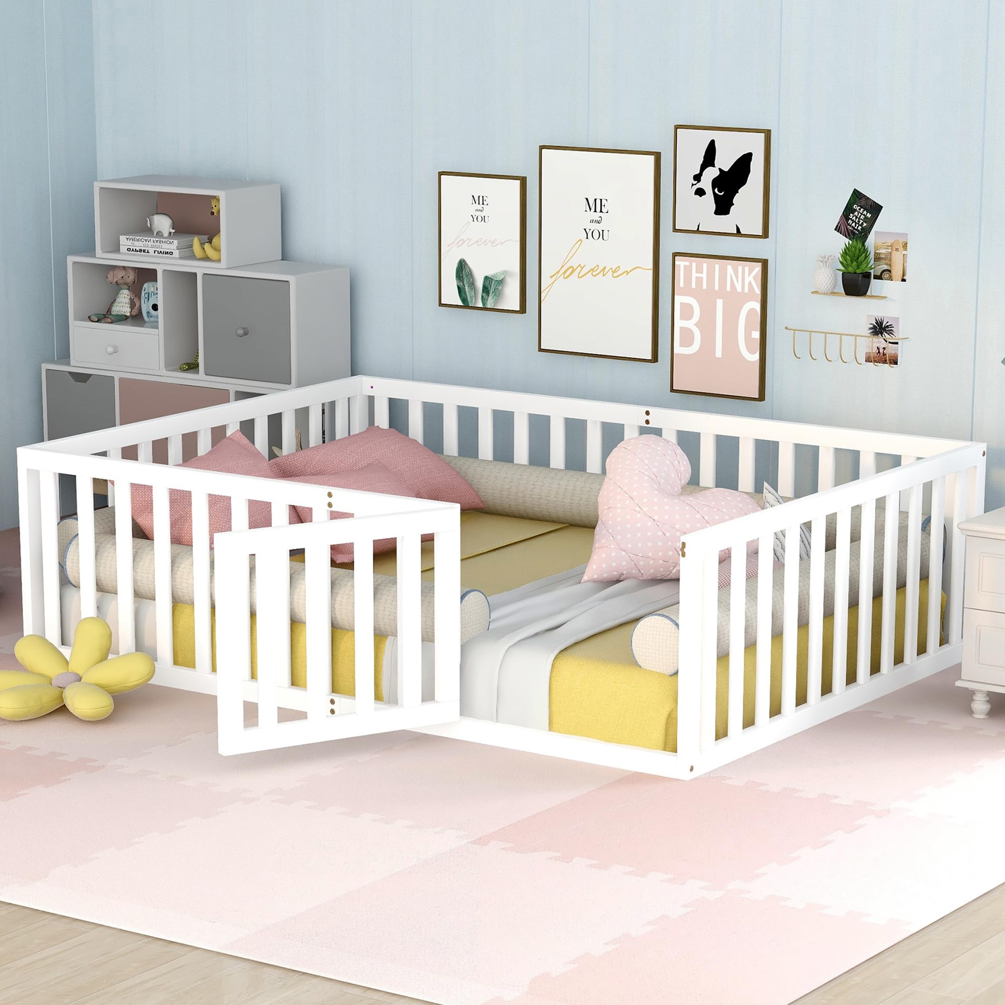 Montessori Floor Bed Full Size with Fence and Door