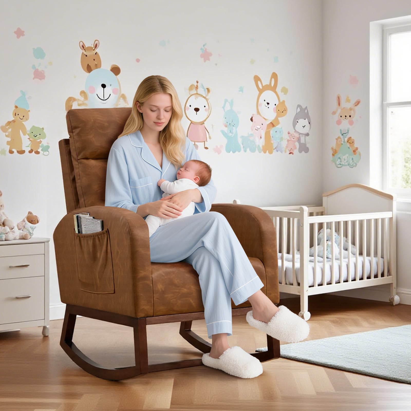 Faux Leather Rocking Chair with Side Pockets