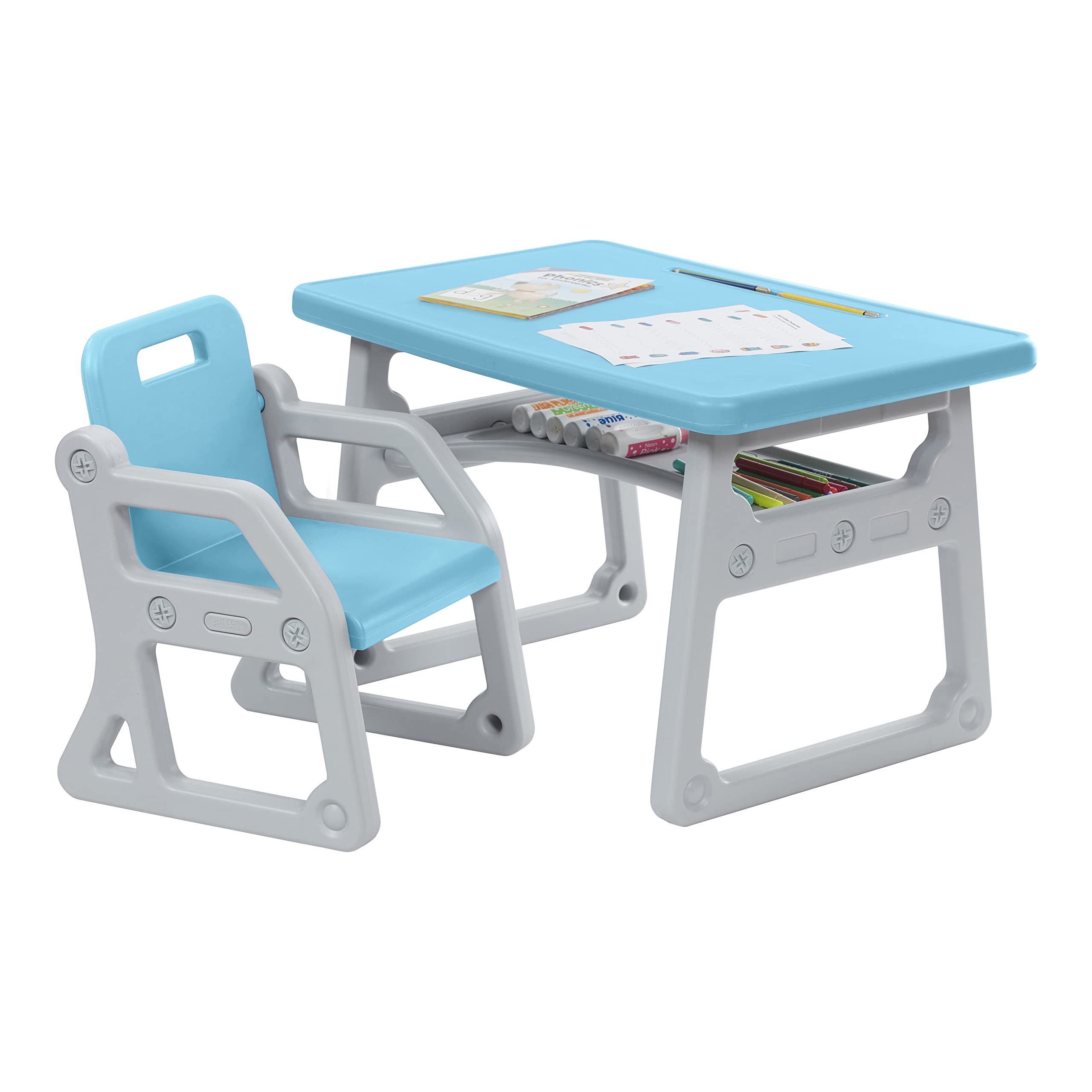 Toddler Plus Desk and Chair, Kids Furniture, Cyan/Light Grey