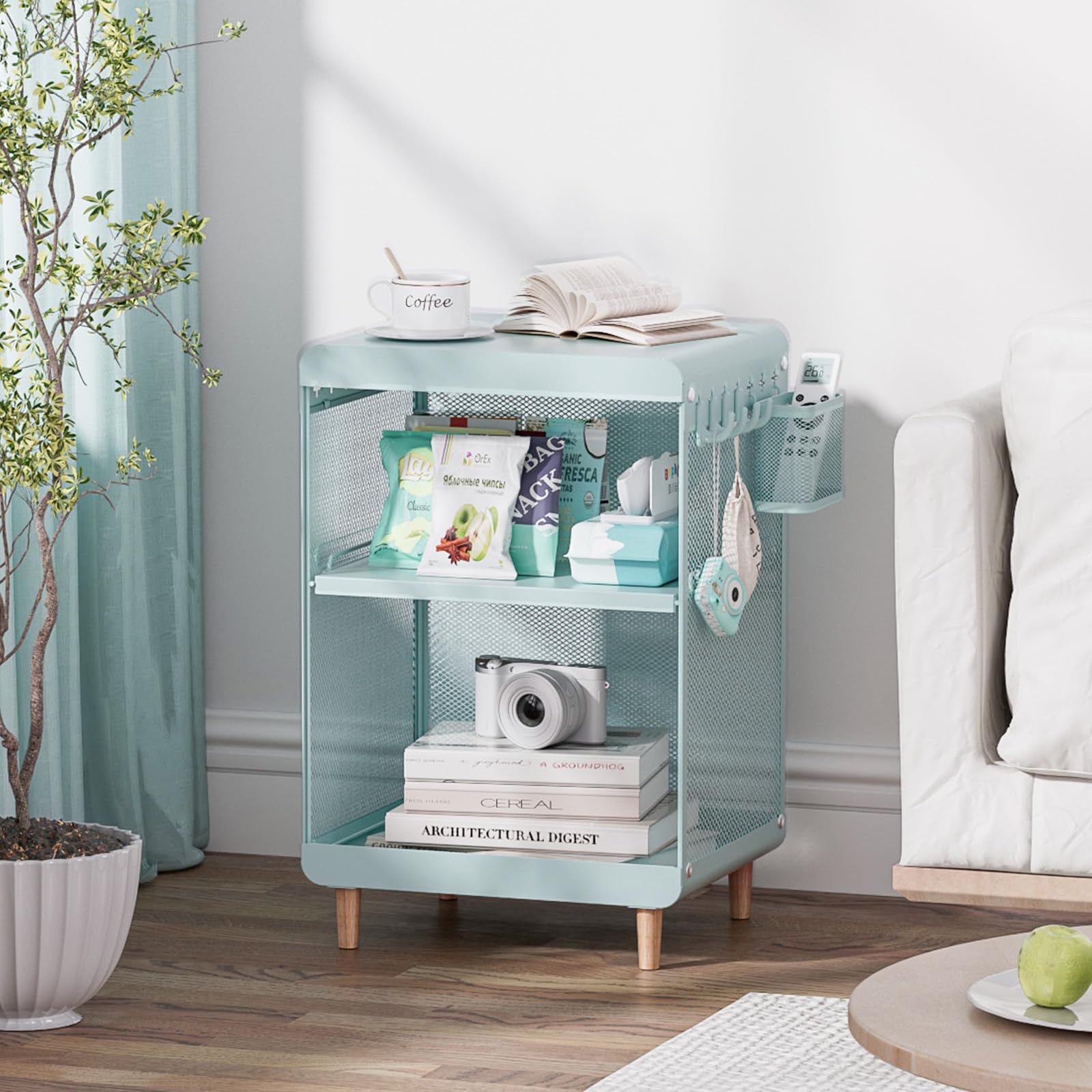 Kids Mint Green Nightstand with Storage Shelves
