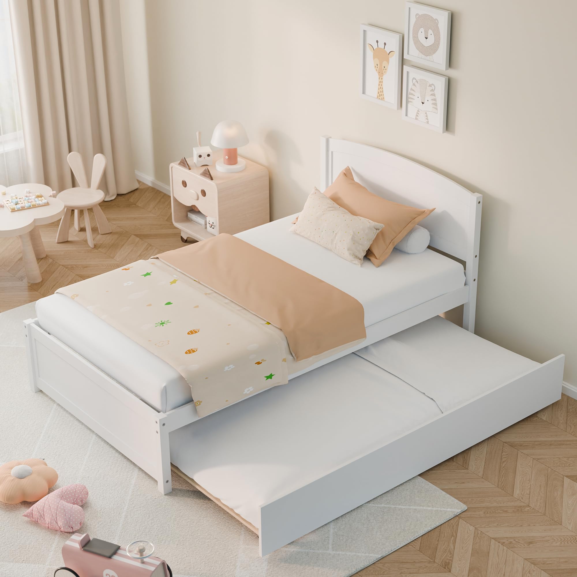 Twin Trundle Bed with Headboard and Wooden Slats