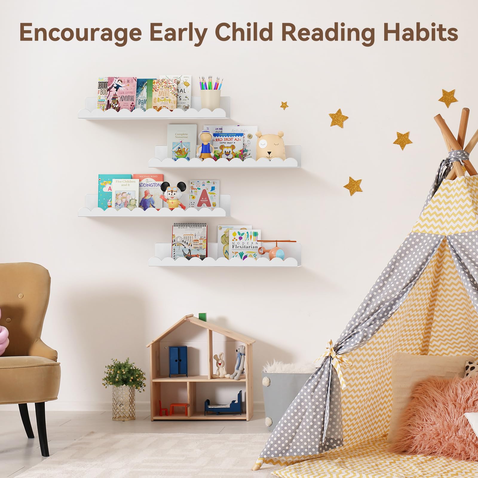 17 Inch Metal Floating Wall Shelves 4 Pack Scalloped Nursery Book Shelf