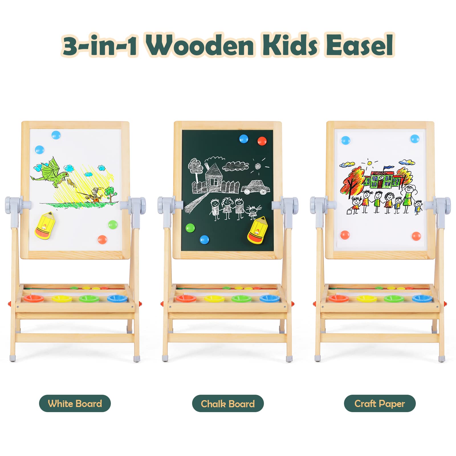3-in-1 Adjustable Kids Art Easel with Chalkboard and Whiteboard