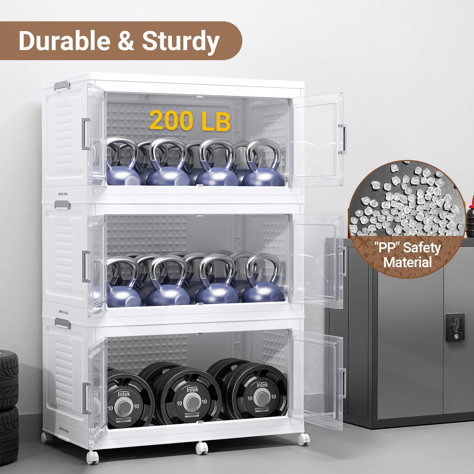 Large Stackable Storage Bins with Wheels and Doors