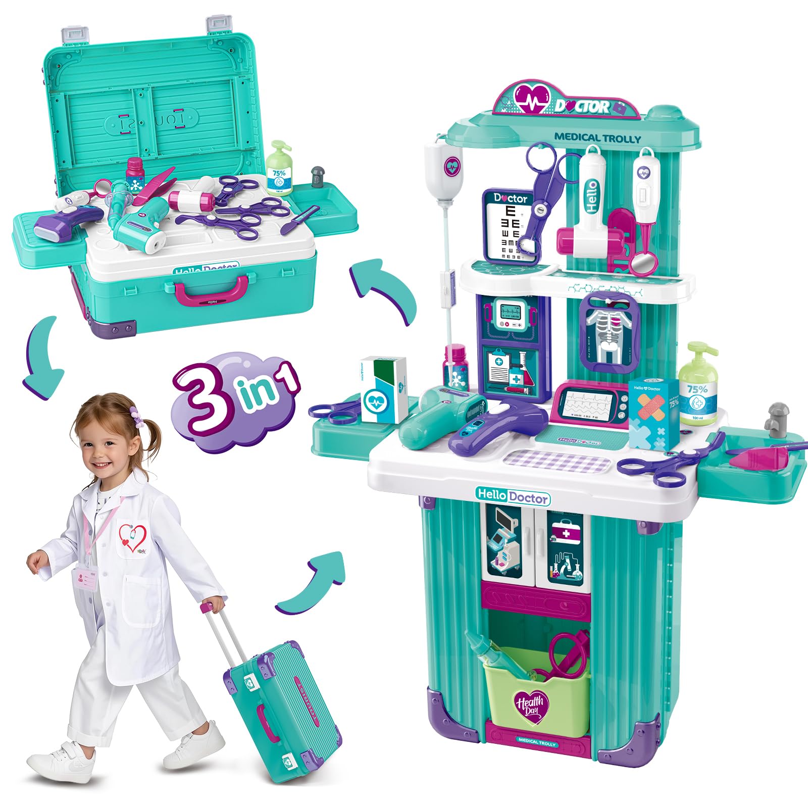Kit for Toddlers 3-5, 3 in 1 Kids Doctors Cart Plays Set
