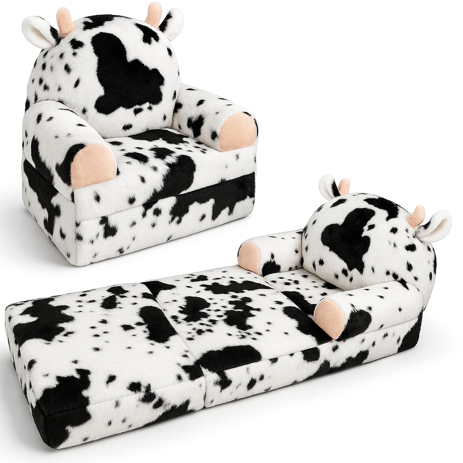 Toddler Chair with Faux Rabbit Fur – 2-in-1 Foldable Kids Couch, Soft Sofa for Reading