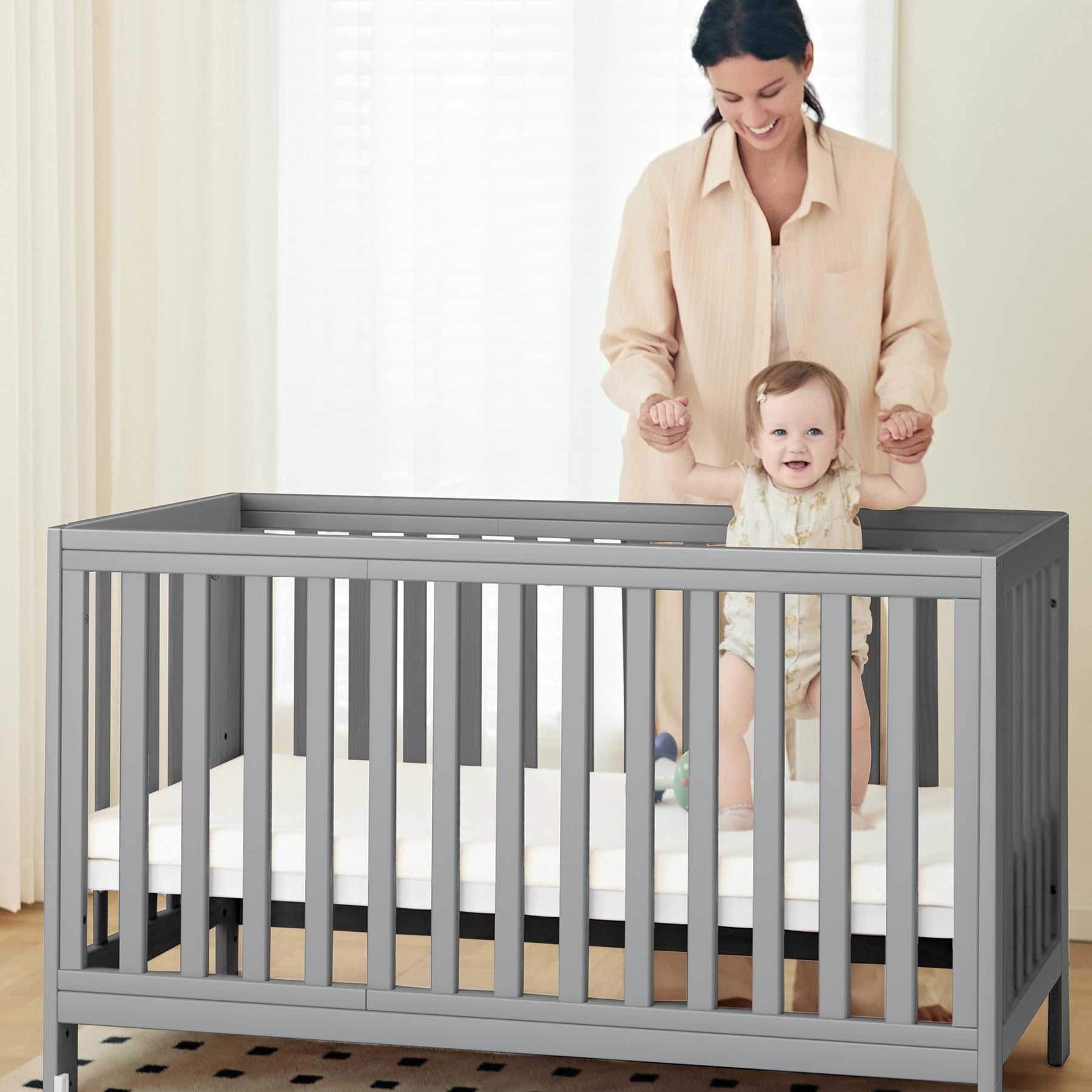 Baby Crib, 6 in 1 Convertible Mini Crib with Wheels, 100% New Zealand