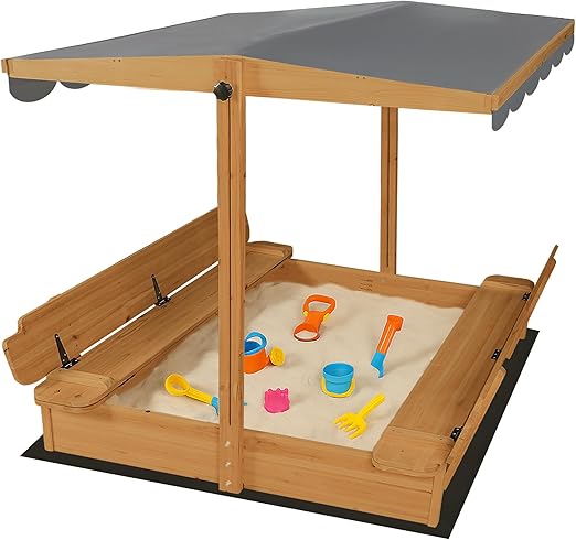 Large Wooden Outdoor Sandbox with Lid Cover Adjustable Canopy Foldable Bench