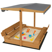 Large Wooden Outdoor Sandbox with Lid Cover Adjustable Canopy Foldable Bench