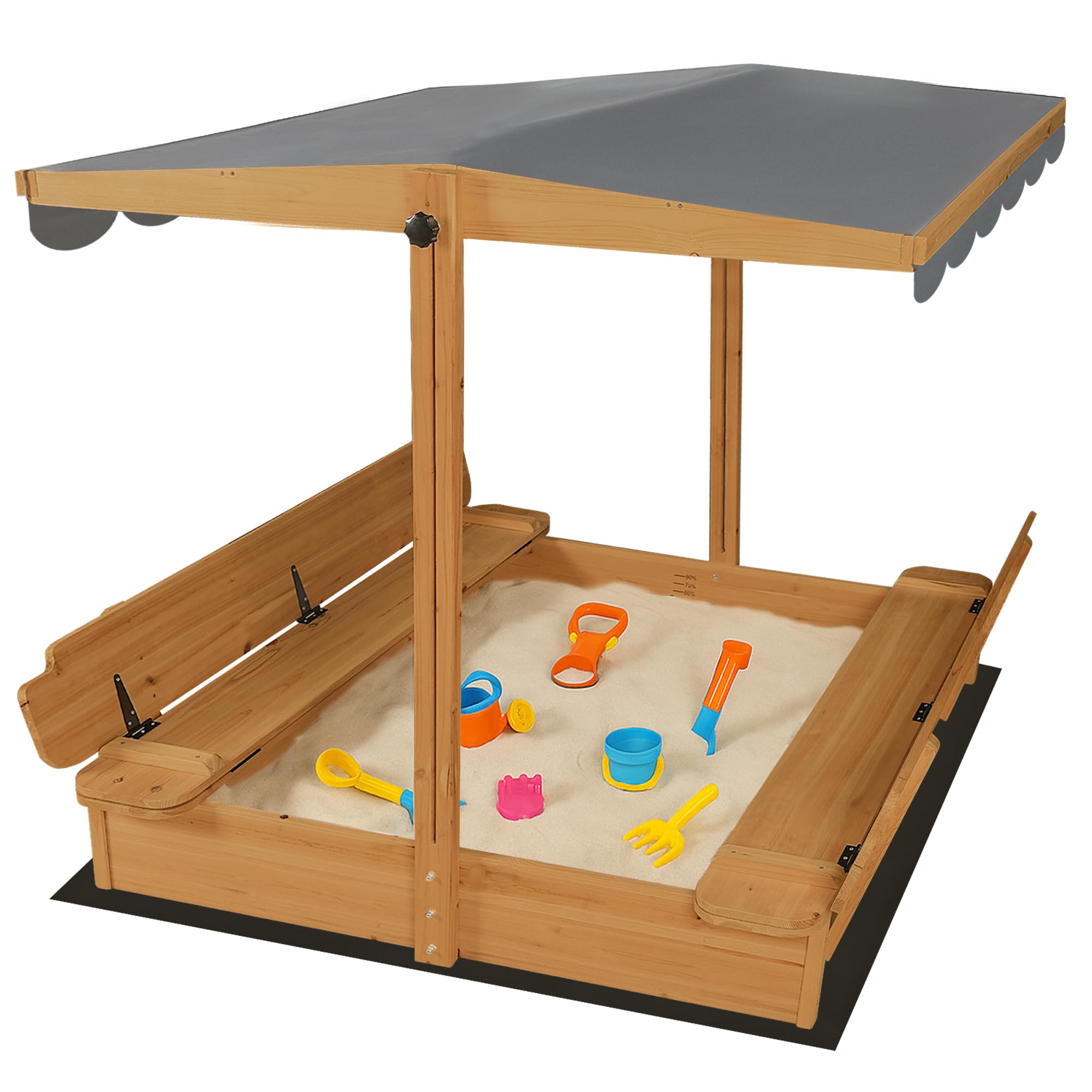 Large Wooden Outdoor Sandbox with Lid Cover Adjustable Canopy Foldable Bench