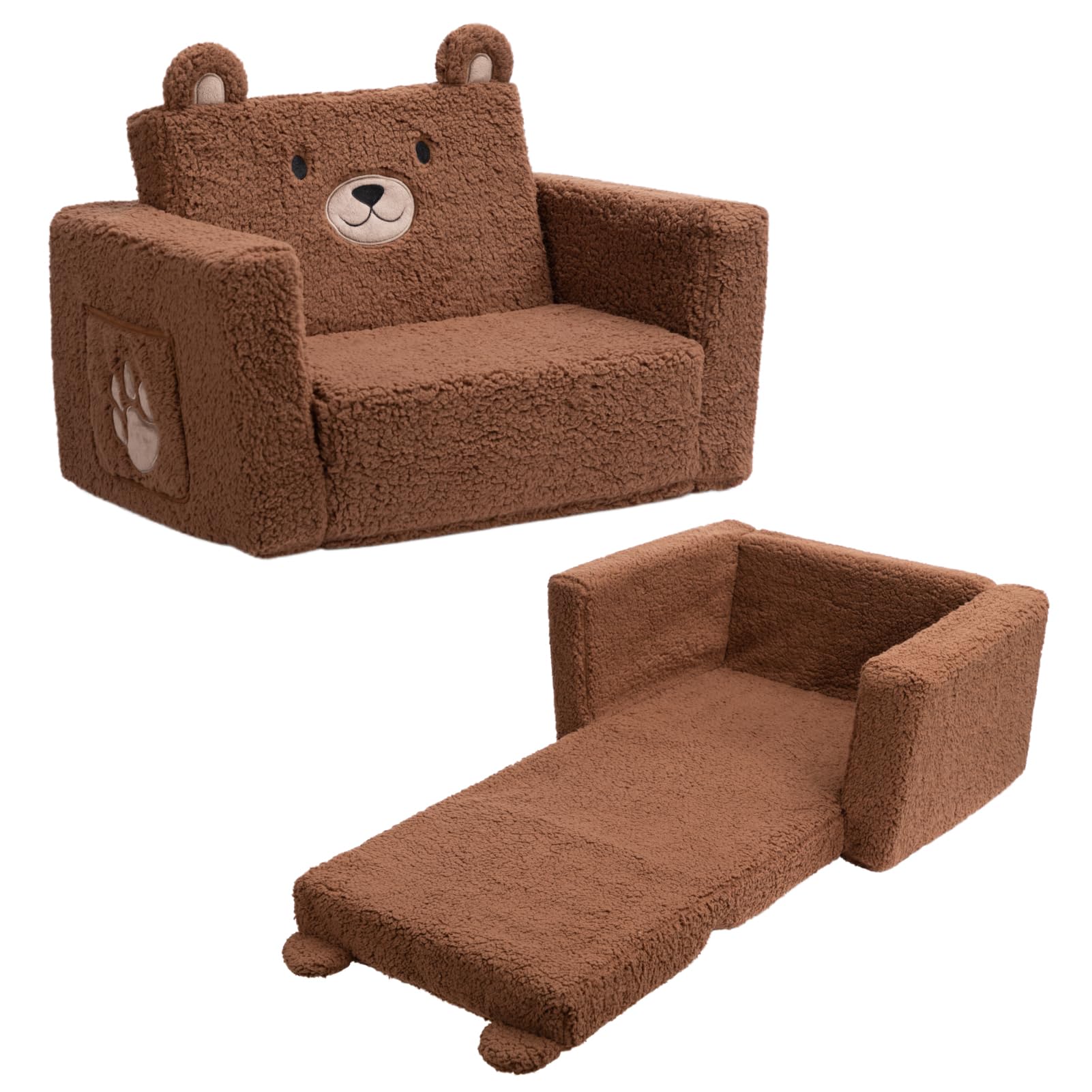 2-in-1 Flip Out Cuddly Sherpa Toddler Couch, Convertible Sofa to Lounger, Bear